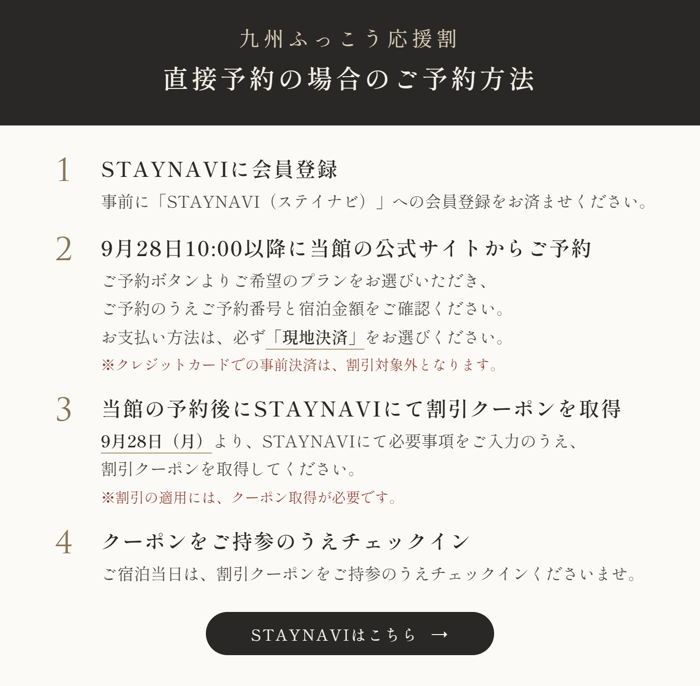 九州ふっこう応援割 直接予約の場合のご予約方法（STAYNAVI会員登録、現地決済でのご予約、9月28日からのクーポン取得、当日クーポン持参でチェックイン）